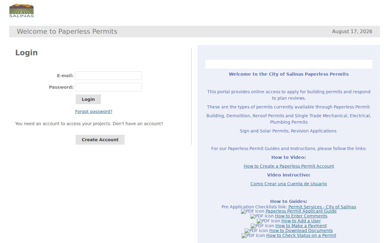 Salinas previous residents Paperless Permits portal